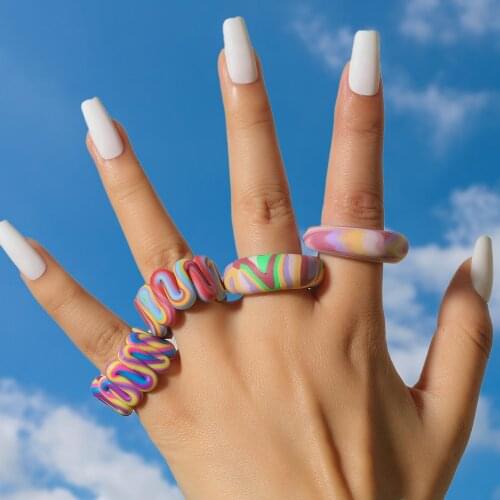 New Handmade Colorful Ceramic Clay Rings For Women Girl Boho Geometric Oval Round Stripe Twisted Wave Ring Summer Jewelry