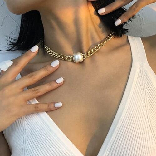 DIEZI Vintage Hip Hop Thick Metal Chain Necklace Fashion Geometric Imitation Pearl Choker Necklaces For Women Statement Jewelry