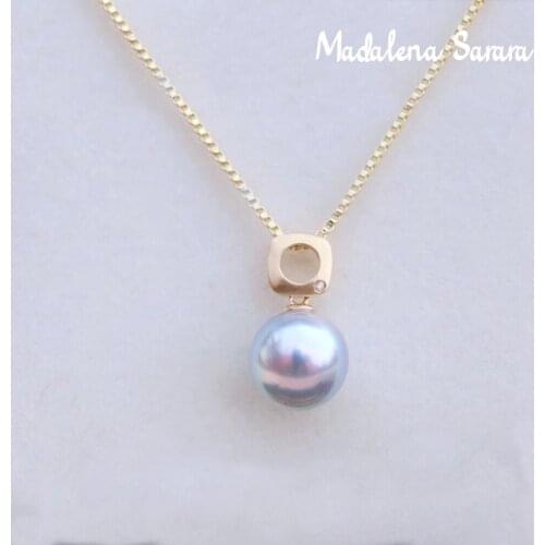 MADALENA SARARA 7-7.5mm Saltwater Pearl 18K Gold Women Necklace Blue Grey Akoya Pearl Round Pendant Necklace AU750 gold