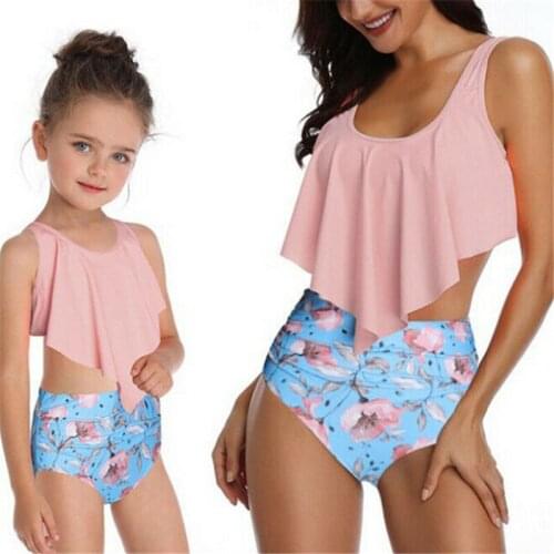 Family Swimsuit Fashion Kids Baby Girls Floral Pattern Bikini Summer Beach Swimwear Swimsuit Two Piece Swimsuit Ladies Beachwear