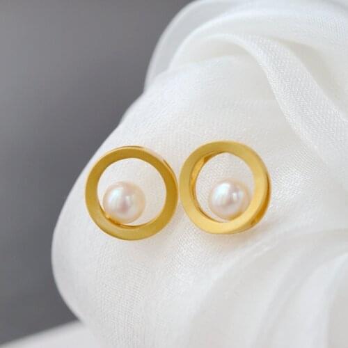 Authentic 925 Sterling Silver Earstuds Inlaid Natural Freshwater Pearl Fashion Circular Earring 18K Gold Plated Style Jewelry