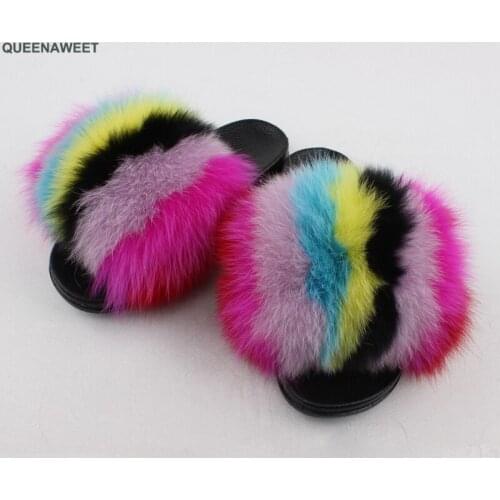 Childrens/Women Summer Fluffy Slippers Womens/kids Real FOX Fur Slides Beach Furry Sandals Cute Plush Flip Flops