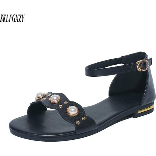 SKLFGXZY 2019 beach ladies genuine leather sandals, 100% genuine leather, pearls, womens shoes, comfort sandals, sizes 32-46