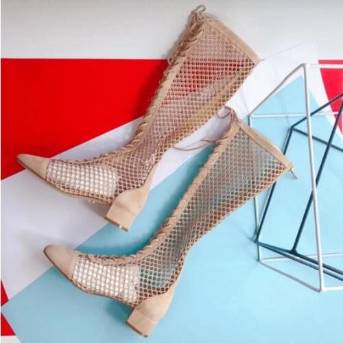 Shiny Sliver Spring Summer Women Boots Lace Up Leather Mesh Cut-outs Knee High Mid Heels Summer Botines Square Toe Shoes Woman