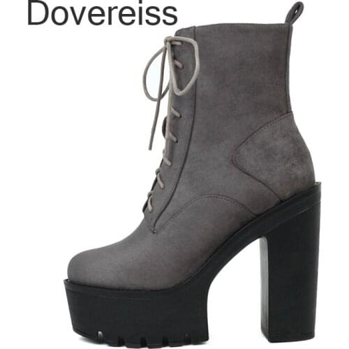 Dovereiss Fashion Womens Shoes Winter Goth Platform Zipper Pure Color Genuine Leather Ankle Boots Block Heels New 40 41 42 43