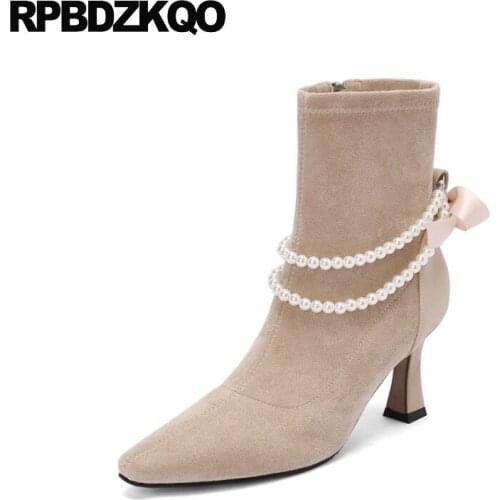 Wedding Pearl Bride Women Bow High Heel Suede Shoes 2021 Ankle Stiletto Bridesmaid Bridal Kawaii Side Zip Boots Square Toe Girls