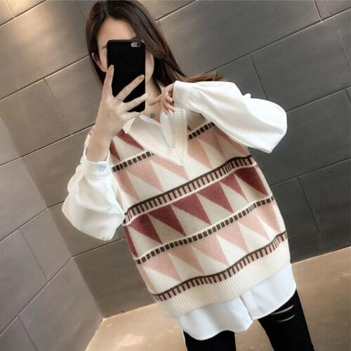 Retro stitching knitted vest female Korean version loose V-neck hit color 2021 sleeveless sweater pullover all-match top casual