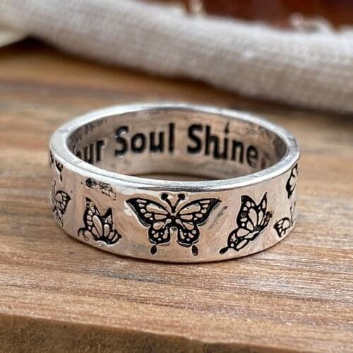 New Creative Aesthetic Vintage Letter Carved Butterfly Rings for Women Girl Silver Color Decorative Handmade Decor Ring Jewelry
