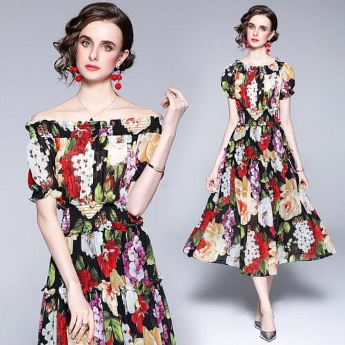 Dropshipping Wholesale Summer Fashion Floral Print Crew Neck Short Sleeve Women Ladies Party Casual Beach Midi Swing Dress