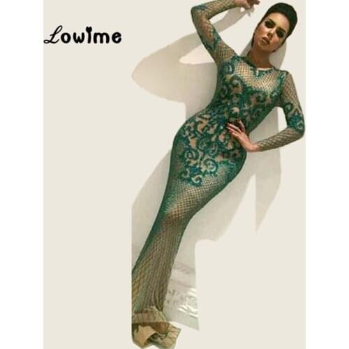 Mermaid Arabic Evening Dress Green Pattern Bling Fabric Party Dress For Middle East Women 2018 Long Sleeves Vestidos Prom Gowns