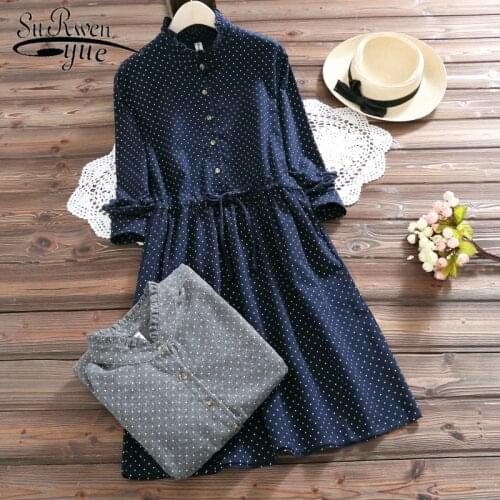 Polka Dot Printed Femininos Vestidos 2019 Spring Autumn Women Dresses Stand Collar Elbise Long Sleeve Vintage Dress 7423 50