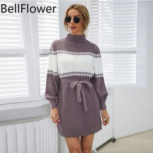 Winter Patchwork Sweater Dress for Women 2021 New Loose Lantern Sleeve Turtleneck Casual Bandage Dresses XL Vestido De Mujer