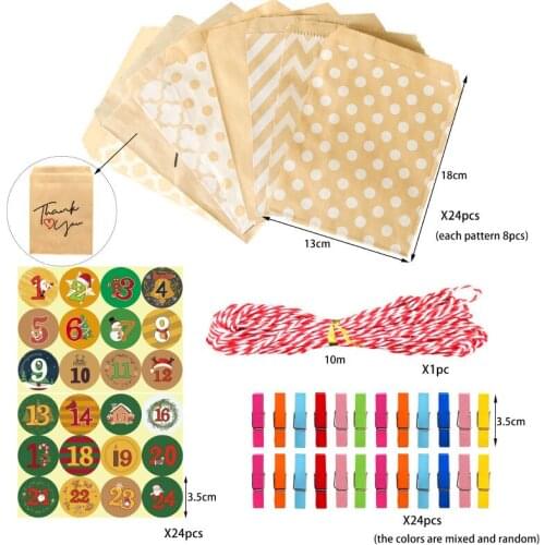 13*18cm Vintage Creative pattern DIY Advent Calendar Christmas Cookie paper bags With Clips Rope stickers Gifts For Kid