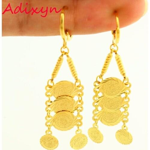 Adixyn Wholesale Gold Coin Long Earring Gold Color Drop Earring Muslim Islamic Jewelry Middle East/Arabic/Ethiopian Women Girls