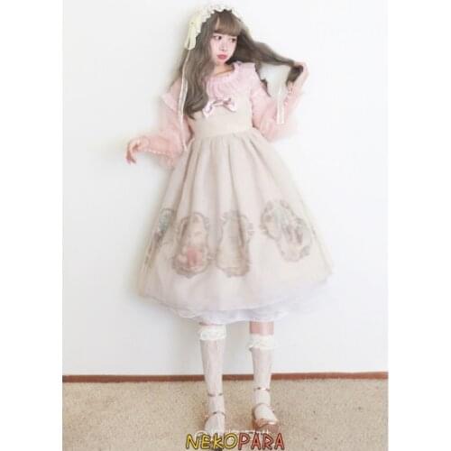 Antique Doll Cute Womens Lolita JSK Dress+Blouse Summer 2 Layers Suspender Dress Bow Trim One Piece 2Pcs Set