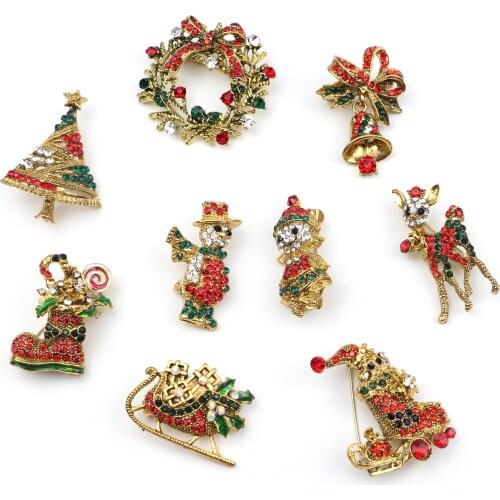 Christmas Rhinestone Brooch Pins Santa Claus Boots Snowman Deer Breastpin Men Xmas Festival Suit Stick Pin Mens Suit Dressup