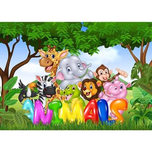 Jungle Cartoon Animals Photo Background Vinyl Cloth Backdrop for Children Birthday Party Baby Shower Photocall Photography Props