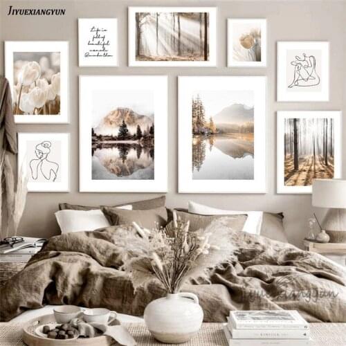 Home Decor Tulips Mountain Lake Reed Forest Abstract Girl Art Canvas Painting Nordic Beige Scenery Poster Wall Art Decor