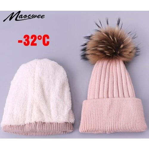 Fashion Children Winter Hat With Real Fur Pompoms Warm Thick Skullies Beanies With Lining Winter Solid Knitted Kids Baby Bonnet