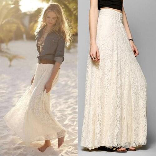Fashion Bohemian Womens Skirts Women long skirt High Waist Stretchy Double Lace Foral Ankle-Length Layer Chiffon Maxi Long Skirt