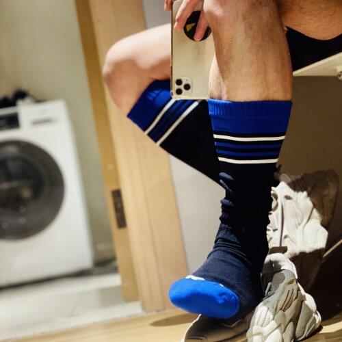 Fashion Blue Unique Design Striped Socks Sexy Gay Top Vers Bottom Men Nylon Sports Long Tube Football Socks Comfortable
