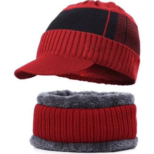 Men Winter Warm Hat Knit Visor Fleece Lined Cap Soft Breathable with Scarf Loops Set JL