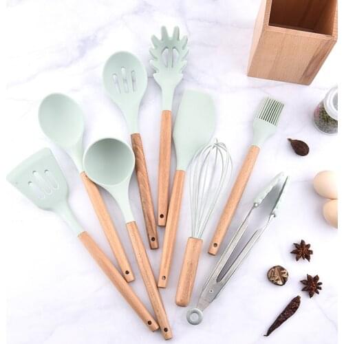 Kitchen set Blue Silicone Kitchenware Set Japanese Style Wooden Storage Tube Kitchenware 10-Piece Set Spatula Soup Spoon Set