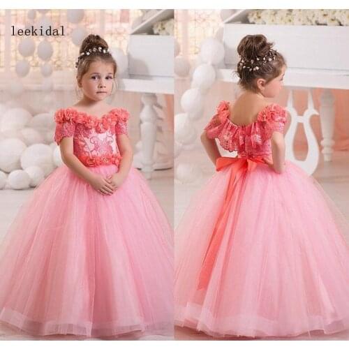 Princess New Arrival Pink Off Shoulder Flower Girls Dresses Flower Beaded Short Sleeves Bow Kids Toddler Girls Pageant Gowns
