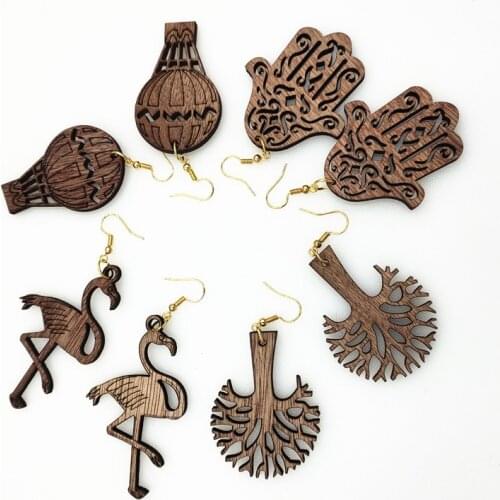 New Fashion Brown Life Tree Drop Earrings Cute Hollow Wood Flamingos Balloon Palm Drop Earrings Special Friendly Wooden Jewelry