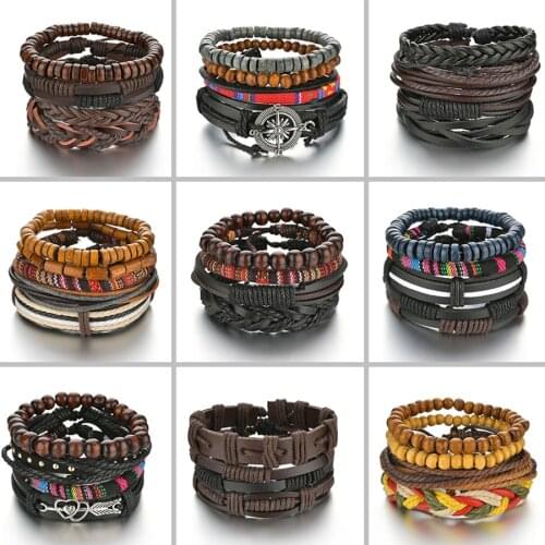 New Trendy Retro 4pcs/Set Bracelets & Bangles Mens Multilayer Black Leather Jewelry Charm Pulseiras Boyfriend Wristband