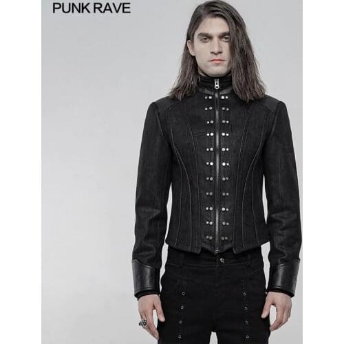 PUNK RAVE Mens Punk Palace Noble Vintage Fashion Metal Nail PU Leather Decoration Cool Jacket Slim Handsome Men Short Coat