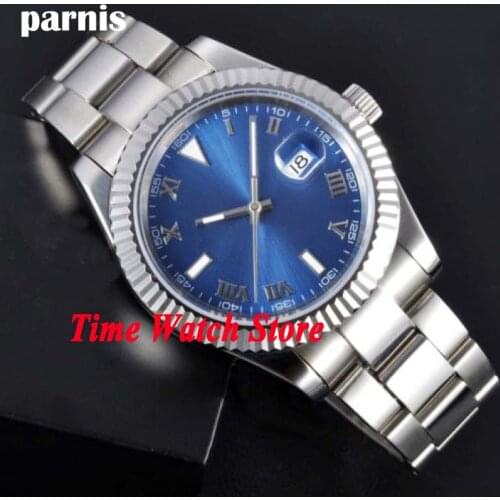 Parnis 40mm Miyota 8215 mens watch blue dial Roman numerals Luminous sapphire glass Automatic Self-Wind movement 205