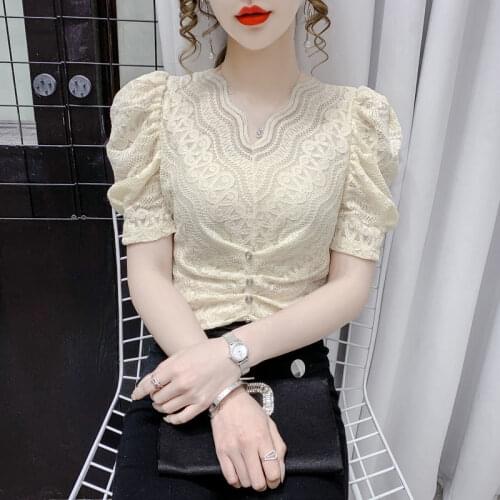 Sexy lace shirt V-neck hollow short-sleeved spring/summer 2021 new fashion all-match western-style blouse was thin female