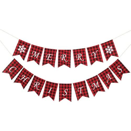 Merry Christmas Banner With Two Snowflake Flags Buffalo Plaid Party Fireplace Wall Tree Christmas Banner Decorations