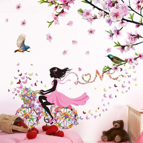 [shijuekongjian] Tree Branch Flowers Wall Stickers DIY Cartoon Girl Wall Decals for Living Room Kids Bedroom House Decoration