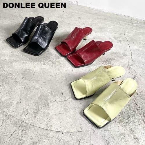 Fashion Square Toe Slippers Designer Shoes Women Summer Kitten Heel Mules Peep Toe High Heel Slides Women Vacation Beach Slipper
