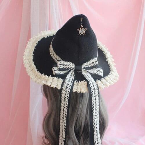 Magic Game Witch Hat Lolita Halloween Masquerade Bow Lace Trim Wizard Hat Gothic Handmade Hat Cosplay Girl Party Christmas Cap