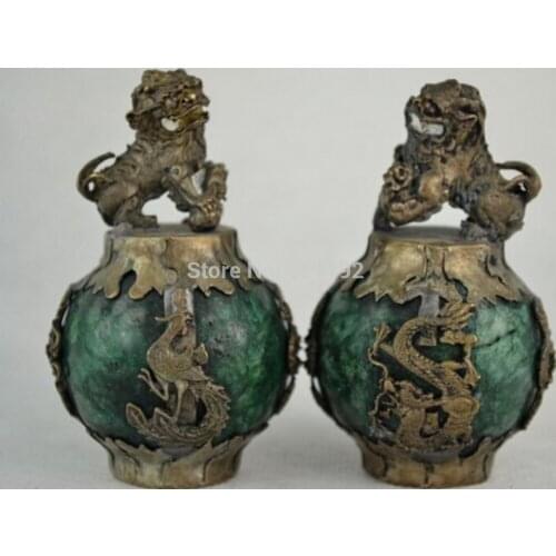 Tibet silver Green Jade Armoured Dragon Phoenix Kylin Lucky Pair Statue