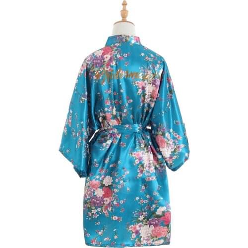 Cherry Blossoms Floral Kimono Acid Blue Robe Satin Bridal Gold Word Bridesmaid Wedding Robes Bathrobe Sexy Robes for Women