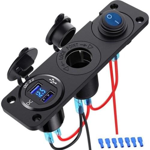 Jtron car switch panel waterproof 3 in 1 Multi-function QC3.0 USB charger volmeter Cigarette lighter socket with wire