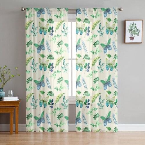 Butterfly Leaves Watercolor Green Sheer Curtains for Girl Kids Bedroom Kitchen Window Drapes Curtain Home Decoration