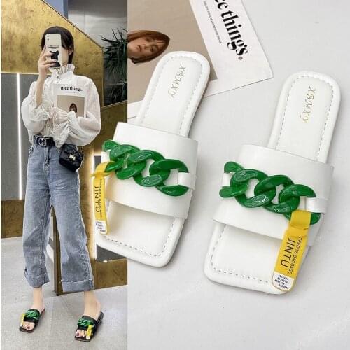 2021 Summer Indoor Modern Slipper for Women Metal Decoration Outdoor Beach Ladies Slides Fashion High Heels Shoes for Woman