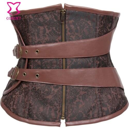 Front Zip Spiral Steel Boned Gothic Corset Waist Trainer Korse Womens Sexy Underbust Corsets Tops Steampunk Espartilho Feminino
