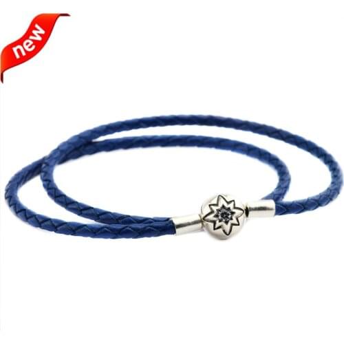 Dark Blue Leather Bracelet with Starry Sky Clasp 925 Sterling Silver Jewelry for Women DIY Making Fits Charms Beads Pulseras
