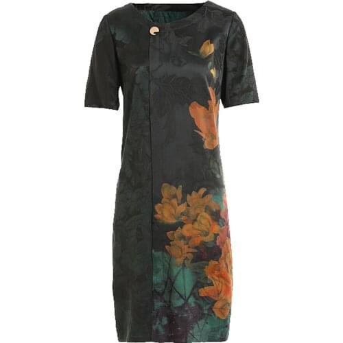 Gowani Summer Flower Printed Jacquard Satin Silk Short Sleeve Dress Chinese Style Plus Size