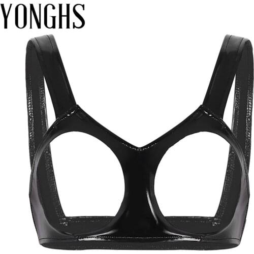 Womens Lingerie Sexy Open Cups Bra Wetlook Faux Leather Wire-free Erotic Bra Sleeveless Underwear Open Bust Vest Tank Crop Tops