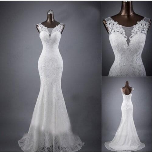 Gorgeous Sexy O-Neck Sleeveless Off White Sweep Train Sheath Open Back Lace-up Lace Wedding Dress Bride Gown Vestidos De Novia