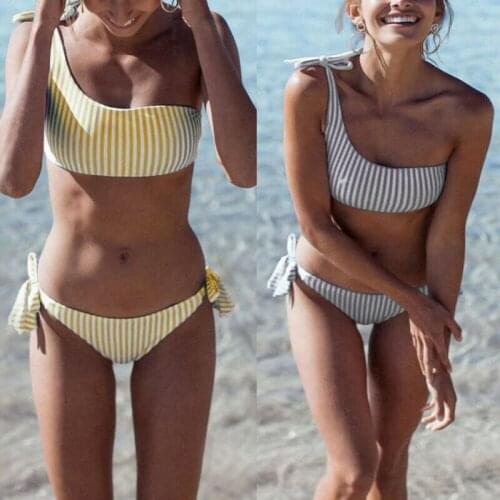 2020 Sexy Womens Sexy Striped Printed Brazilian One Shoulder Push up Bikini Plus size Swimsuits Two Pieces Swimwear Beachwear