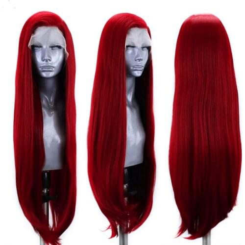 Long Straight 13x4 Lace Front Fiber Hair Wigs Pre Plucked Wine Red Synthetic Lace Frontal Wigs For Women Dailt Party Wigs