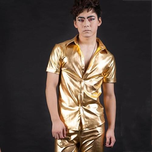 Jazz Dance Costumes Male Gold Short Sleeve Shirt Gogo Pole Dancing Clothing Hip Hop Dancer Stage Performance Clothes Wear DT821